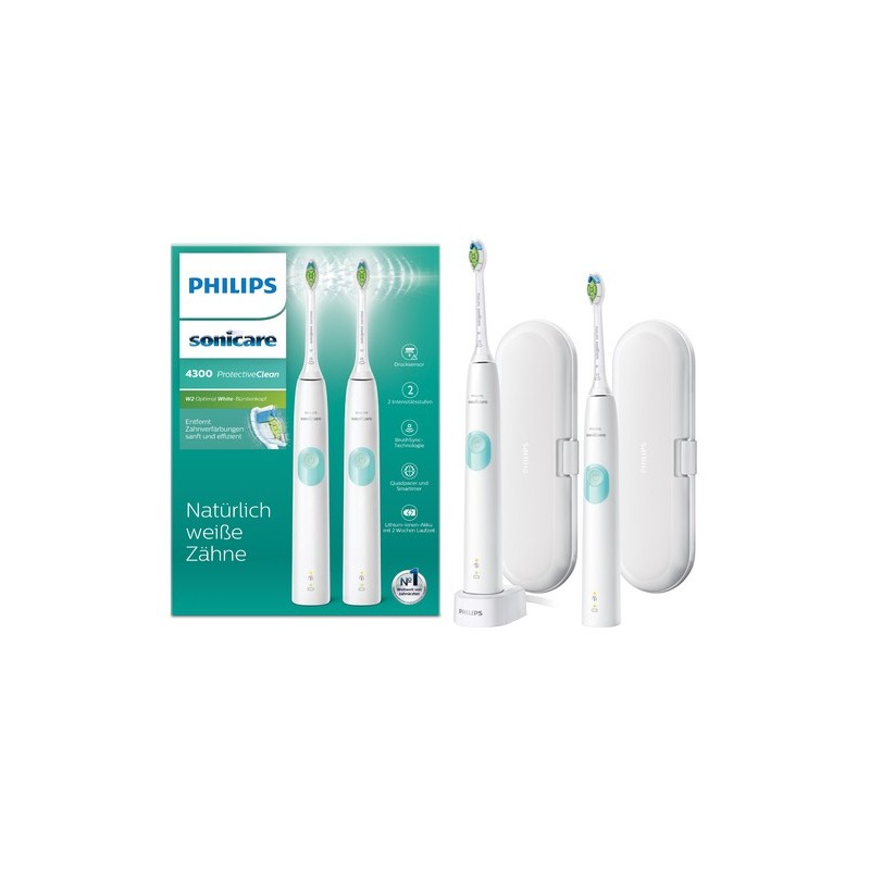 Philips Sonicare 4300 series ProtectiveClean Spazzolini Elettrici Sonici, con custodia da viaggio, confezione da 2 Spazzolini 