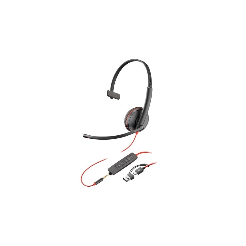 HP Poly Cuffie monoaurali Poly Blackwire 3215 con connettore USB-C + spina da 3,5 mm + adattatore USB-C/A