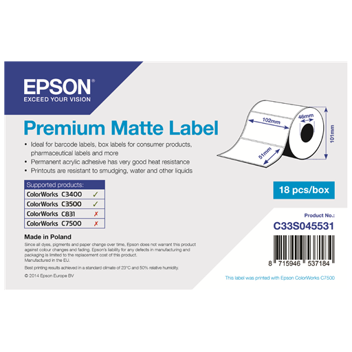 Epson Premium Matte Label - Die-cut Roll 102mm x 51mm 650 labels